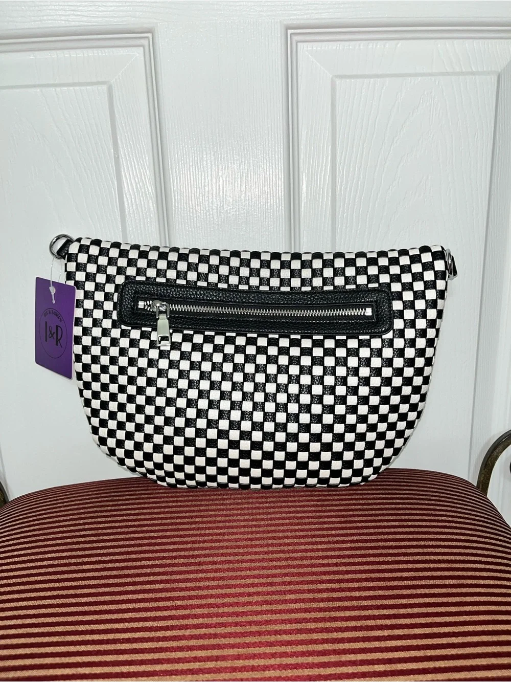 Iris & Rainbow Black/White Day In Tessellate Woven Faux Leather Crossbody Bag
